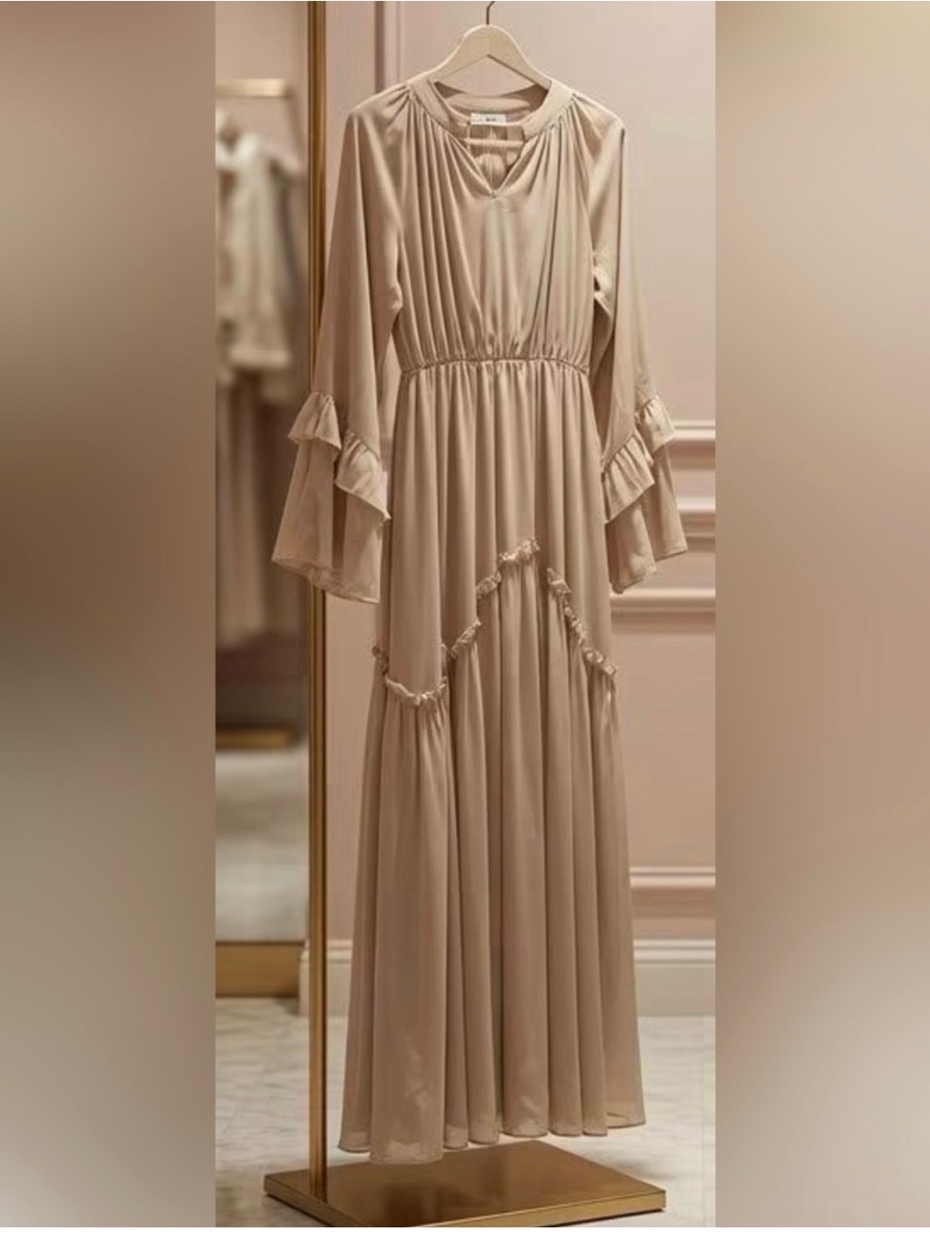 Chiffon Ruffle Maxi Dress In Beige